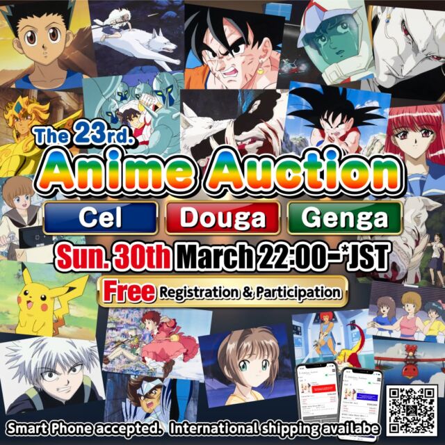 ✨The 23th (30th March 22:00- *JST) Anime Special Auction✨
✨第23回(3月30日Sun.22:00～) アニメオークション✨

📖 23rd Auction Catalog:
Japanese version https://x.gd/Zd72X / English version https://x.gd/F2KNB

This time, we are proud to feature 30 rare and highly sought-after items from the globally beloved Studio Ghibli masterpiece Princess Mononoke.
Additionally, we have rare Saint Seiya items, including iconic opening scene cuts and character close-ups, alongside a large selection of items from the rising favorite, Hunter x Hunter.
Starting from the 23rd auction, pre-bidding will be available! (Pre-bidding opens on March 21st)
今回は、世界で人気が高く入手困難なジブリ作品の”もののけ姫”から30アイテムが出品されます。
また、聖闘士星矢から貴重なOpeningシーンや各キャラクターのアップ、また人気上昇中のHunterxHunterも多数出品されます。
なお、第23回から事前の入札が可能となりました。（入札開始：3月21日～予定）

✨Auction Details✨
● 23rd Auction: March 30th (Sun) 22:00 JST — Held online (smartphone access available)
(Estimated end time: between 3:00 AM - 4:00 AM JST)
※ This is an online auction. The pace is approximately 30–40 lots per hour — please check the site regularly for updates.

✨開催概要✨
🔹第23回：3月30日(日) 22:00～　インターネット開催(スマートフォンから参加可)　※終了予想: 3時～4時
※ネットで開催。進行速度は1時間で30～40Lot前後を目安です。随時状況をご確認ください。

🔹 Registration: https://auction-hall.com
　　(PC recommended to avoid connection issues)
🔹 Paper Bidding: https://x.gd/NCK3K
🔹参加登録/Registration:　https://auction-hall.com
　（ネットトラブル回避のためPCから参加を推奨します）
🔹書面入札　https://x.gd/NCK3K

📖第23回カタログ　Online Catalog　https://x.gd/Zd72X　（日本語）/　https://x.gd/F2KNB

📹 How to Participate: https://x.gd/OU07m

📹 How to Bid: https://x.gd/iUeAO
動画【参加方法/How to Participate】 https://x.gd/OU07m
動画【入札方法/How to Bid】 https://x.gd/iUeAO

✨参加登録/Registration✨ https://auction-hall.com

【Time Zone Guide for Overseas Participants】
Please check the time difference for your region:
Japan: March 30th (Sun) 22:00 PM

China/Taiwan/Hong Kong/Singapore/Philippines: 9:00 PM (-1h)
India: 6:30 PM (-3.5h)
UAE: 5:00 PM (-5h)
Saudi Arabia: 4:00 PM (-6h)
France / Italy / Spain: 3:00 PM (-7h)
UK: 2:00 PM (-8h)
US East / NY: 9:00 AM (-13h)
US West / LA: 6:00 AM (-16h)

✨ We look forward to your participation! ✨

#AkihabaraAuction #OnePiece #Pokémon #DBZ #Dragonball #Ghibli #Animecel #Animationcel #セル画 #賽璐珞原畫